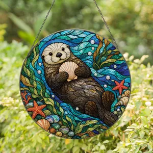 Sea Otter Floating With Shell For Coastal Cottage, Beach House, Nursery Home Gifts Stained Glass Suncatcher