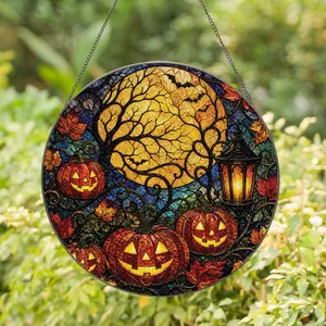 Halloween Harvest Moon Pumpkin Window Hanging for Fall Decor and Gothic Home Accent Stained Glass Suncatcher