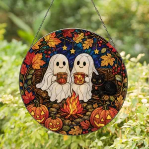 Halloween Ghost Stained Glass Window Hanging With Black Cat, Pumpkins, And Leaves Stained Glass Suncatcher
