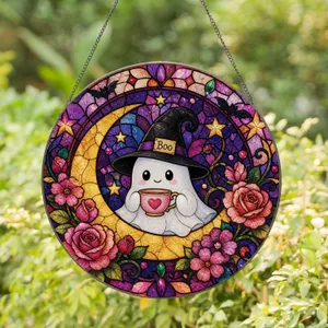 Cute Ghost Moon Stained Glass Window Decor for Halloween Witchy Cozy Home and Gift Stained Glass Suncatcher