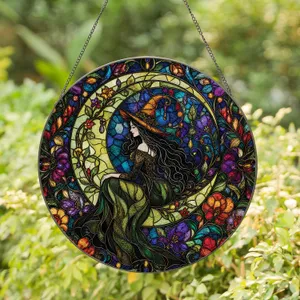 Gothic Witch On Crescent Moon For Halloween Home Decor And Witchy Gift For Altar Stained Glass Suncatcher
