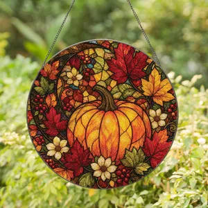 Harvest Moon Pumpkin With Maple Leaves for Autumn Window Decor and Cozy Homes Gift Stained Glass Suncatcher