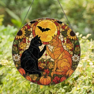 Halloween Black Cat Moon Accent With Harvest Florals for Autumn Decor and Cat Lovers Stained Glass Suncatcher
