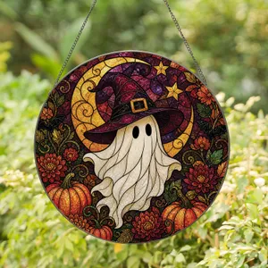 Halloween Ghost With Witch Hat, Crescent Moon, and Pumpkins for Cozy Fall Home Decor Stained Glass Suncatcher