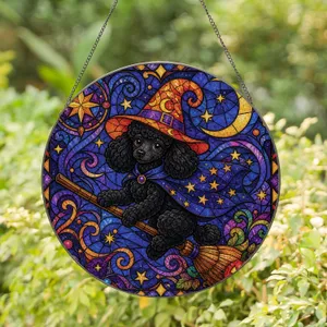Halloween Black Poodle Witch Riding Broom For Spooky Home Decor Gift For Dog Lovers Stained Glass Suncatcher