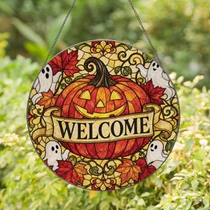 Autumn Pumpkin Ghost Fall Window Accent For Halloween Decor And Harvest Home Gift Stained Glass Suncatcher