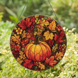 Autumn Pumpkin With Maple Leaves for Halloween and Thanksgiving Home Decor Accent Stained Glass Suncatcher