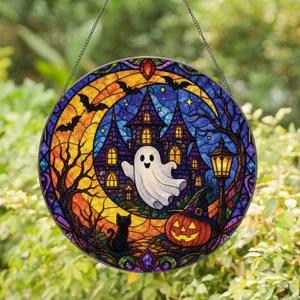 Halloween Ghost Moon Hanging For Cozy Autumn Decor, Black Cat Lover Home Accent Gift Stained Glass Suncatcher