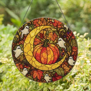 Golden Moon And Pumpkin Halloween Decor For Autumn Windows, Fall Gift For Home Lovers Stained Glass Suncatcher