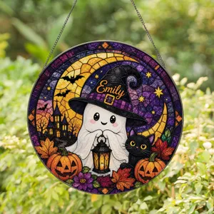 Personalized Ghost Witch Moon Window Hanging With Black Cat And Pumpkins For Halloween Home