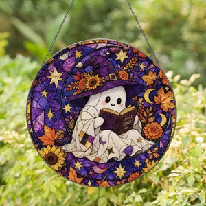 Cute Ghost Reading Spellbook Halloween Window Decor for Cozy Autumn Homes and Gifts Stained Glass Suncatcher