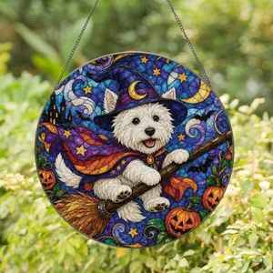 Westie Witch Halloween Window Charm for Terrier Lovers and Cozy Autumn Home Gifts Stained Glass Suncatcher