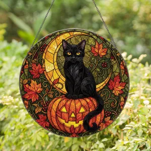 Black Cat on Pumpkin Halloween Window Decor for Autumn Home and Gift Giving for Her Stained Glass Suncatcher