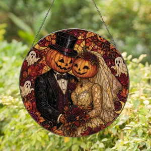 Gothic Victorian Pumpkin Bride And Groom Autumn Home Decor For Halloween Enthusiasts Stained Glass Suncatcher