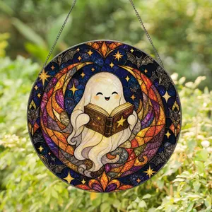 Smiling Ghost Reading Stained Glass Moon Cradle For Cozy Halloween Home Decor Gift Stained Glass Suncatcher