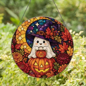 Ghost And Pumpkin Halloween Window Accent For Fall Decor, Spooky Season Gift For Home Stained Glass Suncatcher