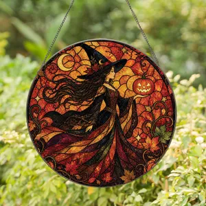 Autumn Witch With Pumpkin Lantern for Halloween Window Decor for Gothic Fans Stained Glass Suncatcher