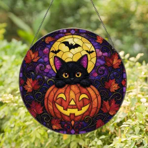 Black Cat Peeking Over Jack-O'-Lantern Under Harvest Moon Halloween Decor For Cat Fans Stained Glass Suncatcher