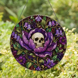 Gothic Skull In Purple Bloom For Witchy Halloween Decor, Macabre Home Wall Accent Stained Glass Suncatcher
