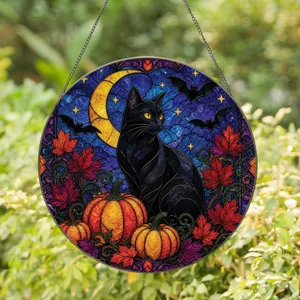 Halloween Black Cat Moonlit Pumpkins Gothic Window Hanging Decor for Cat Lovers Porch Stained Glass Suncatcher