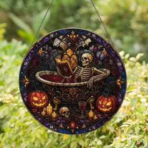 Gothic Skeleton Reading In Bathtub For Halloween Home Decor And Cozy Autumn Gifting Stained Glass Suncatcher