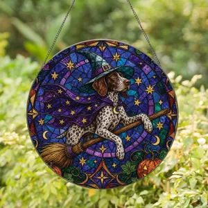 German Shorthaired Pointer Witch Halloween Window Decor Accent Gift for Dog Lovers Stained Glass Suncatcher