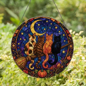 Four Cats on Witch Broom Autumn Night Window Decor for Halloween Cat Lovers Gift Stained Glass Suncatcher