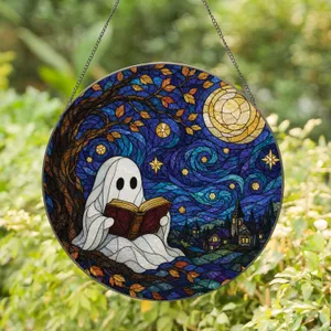 Stained Glass Ghost Reading Book Under Moonlit Night Sky Halloween Home Decor Gift Stained Glass Suncatcher