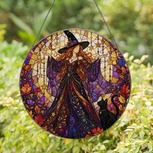 Autumn Moon Witch Window Hanging for Boho Halloween Decor and Music Lovers Gift Stained Glass Suncatcher