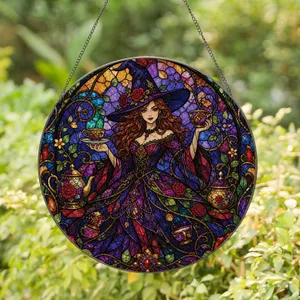 Gothic Witch Tea Party Wall Accent For Autumn Home Decor, Floral Fall Gift For Her Stained Glass Suncatcher