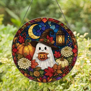 Cheerful Ghost With Pumpkin Mug in Witch Hat for Cozy Halloween Window Decor Fans Stained Glass Suncatcher