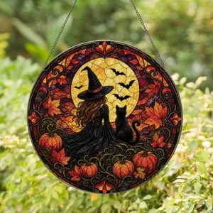 Witch And Black Cat Moonlit Halloween Window Hanging For Autumn Home Decor Lovers Stained Glass Suncatcher