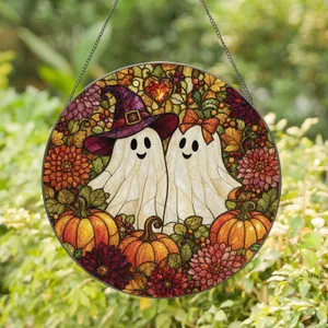 Two Ghosts and Pumpkin Wreath Halloween Window Decor for Fall Home Display Scene Stained Glass Suncatcher