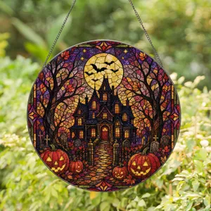 Halloween Haunted House Stained Glass Window Decor for Autumn Porch and Gothic Home Stained Glass Suncatcher