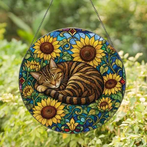 Sleeping Tabby Cat Among Sunflowers Gift for Cat Lovers and Mom Home Decor Accent Stained Glass Suncatcher