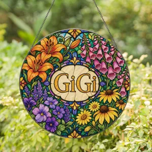 GiGi Floral Stained Glass Name Sign for Window Decor, Mother's Day Gift for Grandma Stained Glass Suncatcher