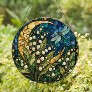 Lily of the Valley Moon Dragonfly Window Accent for Cottage Garden Gift Collectors Stained Glass Suncatcher