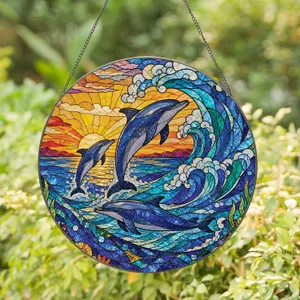 Leaded Dolphin Ocean Sunset Window Accent for Coastal Home and Beach Decor Lovers Stained Glass Suncatcher