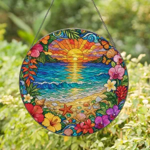 Tropical Sunset Seascape Stained Glass Window Decor for Beach House Coastal Gifts Stained Glass Suncatcher