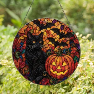 Black Cat Jack O Lantern Halloween Window Decor For Autumn Home And Gift Giving Charm Stained Glass Suncatcher