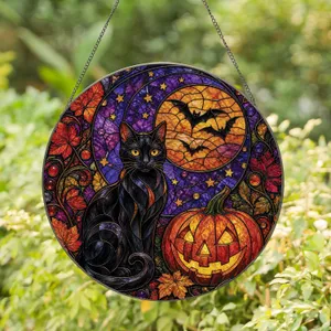 Black Cat and Pumpkin Crescent Moon Halloween Window Decor for Cat Lovers, Autumn Home Stained Glass Suncatcher