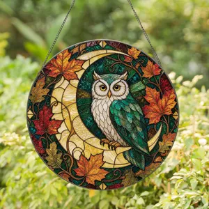 Wise Owl Moon Glass Decor for Woodland Homes, Autumn Gift for Bird Lovers and Collectors Stained Glass Suncatcher