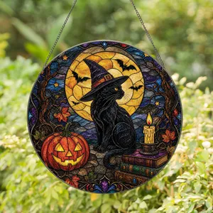 Black Cat Witch Hat Halloween Moon Decor For Cat Lovers And Autumn Homes Jack O Lantern Stained Glass Suncatcher