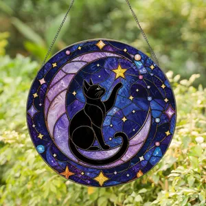 Black Cat on Crescent Moon Celestial Window Accent for Gothic Home Decor Gift Stained Glass Suncatcher