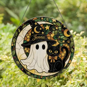 Personalized Ghost Cat Crescent Moon Halloween Window Decor For Witchy Home, Cat Lover Gifts