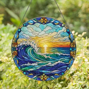 Ocean Sunrise Wave Stained Glass Window Decor For Coastal Homes And Gift Giving Stained Glass Suncatcher
