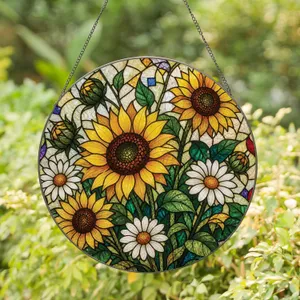 Stained Glass Sunflower And Daisy Bouquet For Garden Window Decor, Summer Home Accent Stained Glass Suncatcher