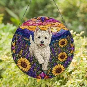 Westie Meadow Sunset Glass Art Gift for Rustic Home Decor Dog Lovers Collectible Stained Glass Suncatcher