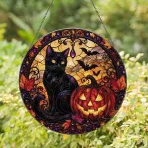 Black Cat Jack O Lantern Halloween Decor for Gothic Home, Cozy Spooky Autumn Gift Stained Glass Suncatcher