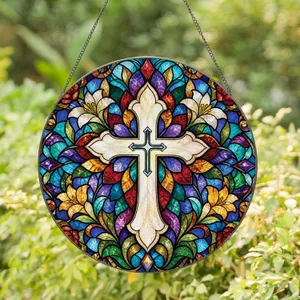 Floral Stained Glass Cross Window Accent For Faithful Home Decor And Gift Giving Stained Glass Suncatcher